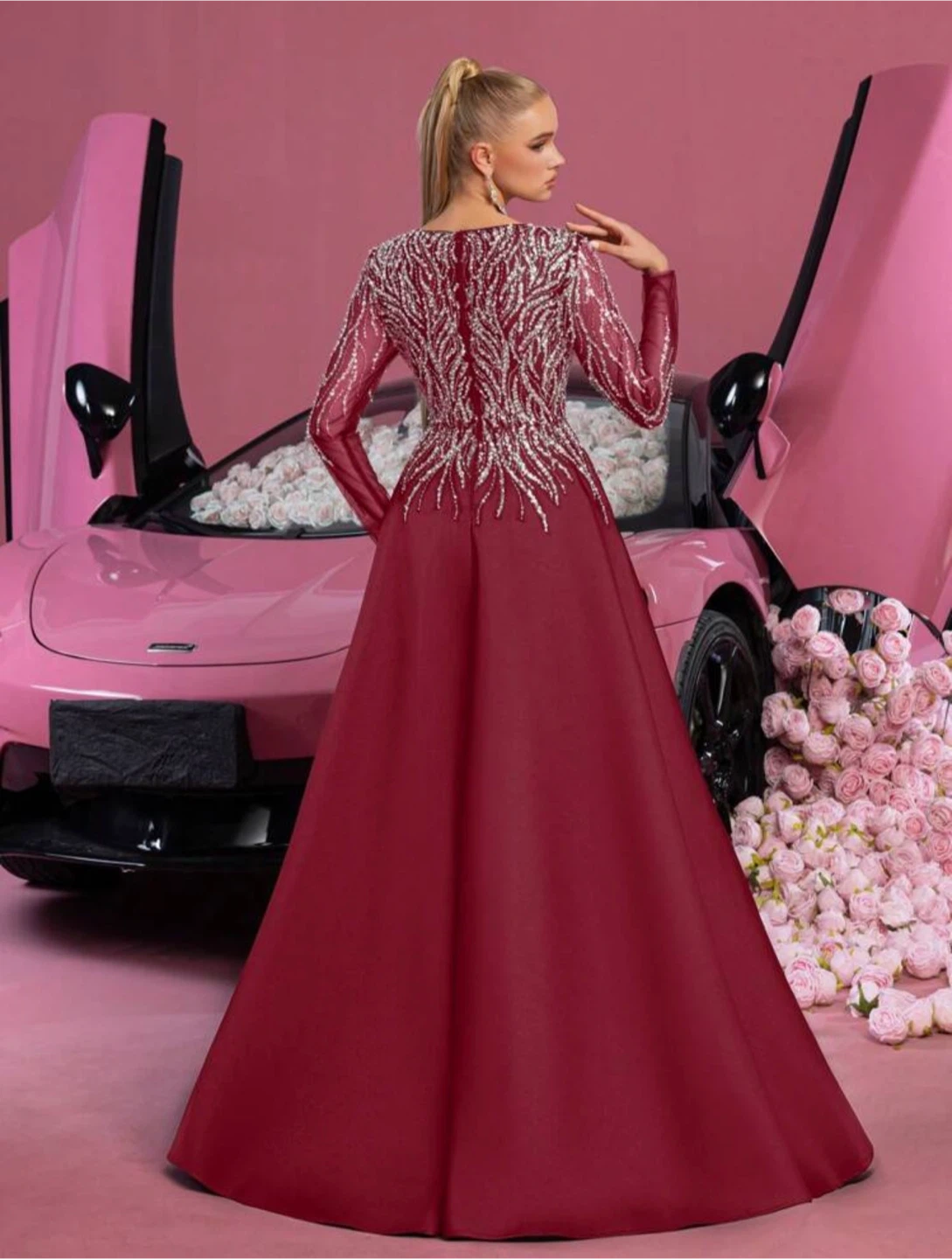 Maroon V-Neck Gown with Embellished Bodice - photo 3