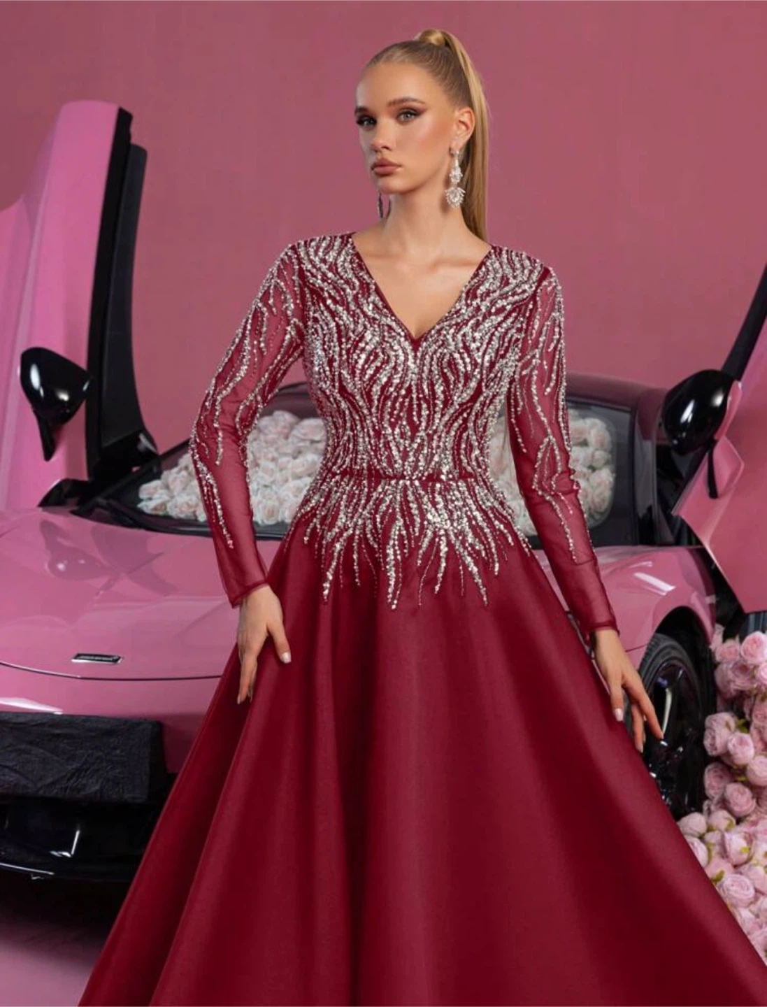 Maroon V-Neck Gown with Embellished Bodice - photo 4