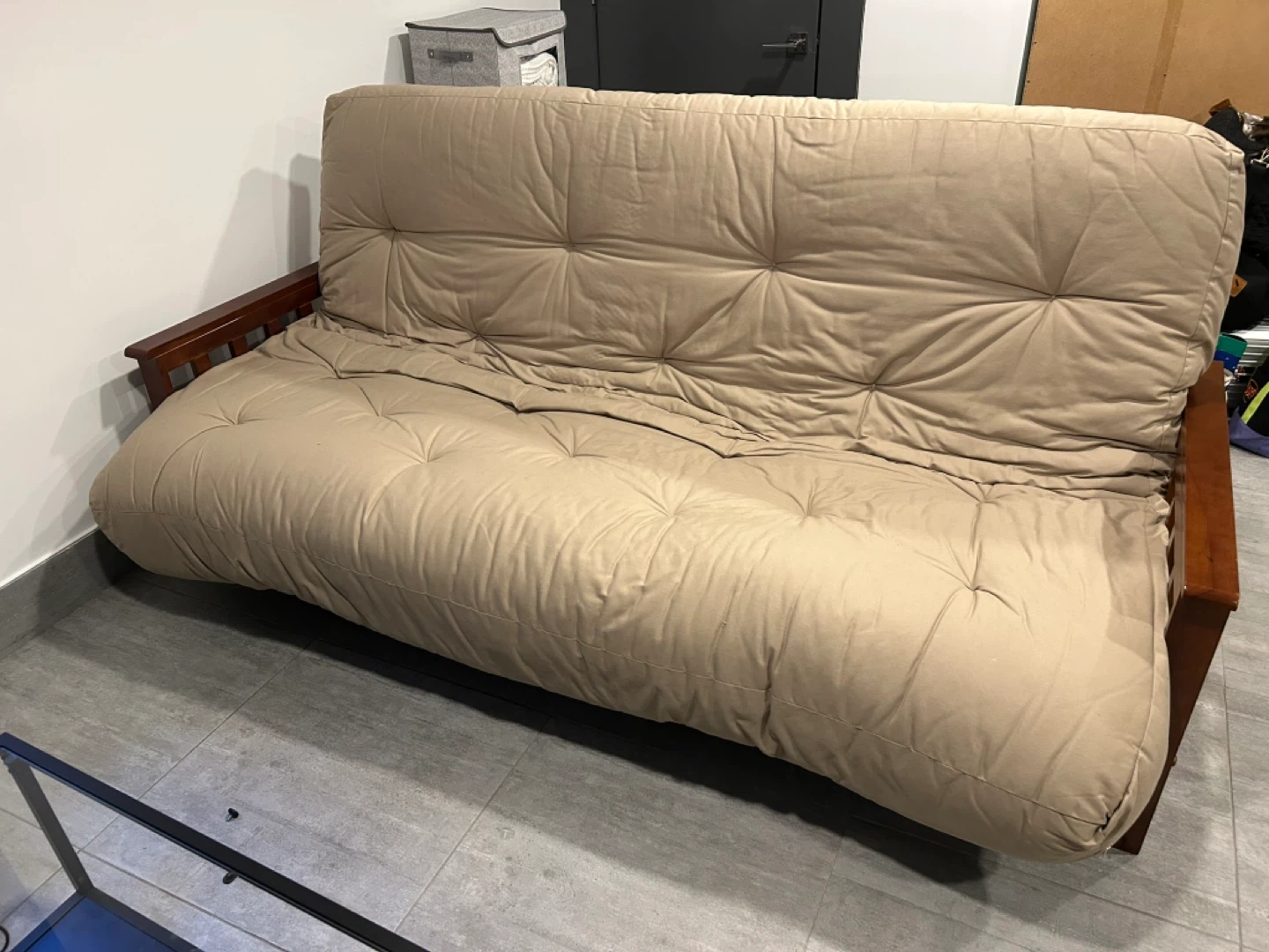 Beige Futon Sofa Bed with Wooden Frame