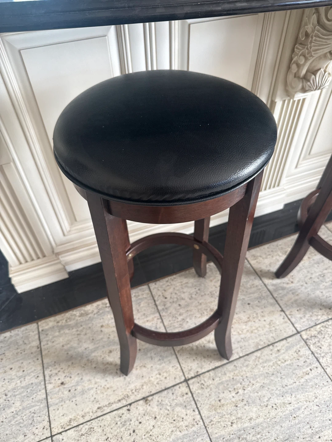 2 Dark Wood Bar Stools with Black Upholstered Seats - photo 3