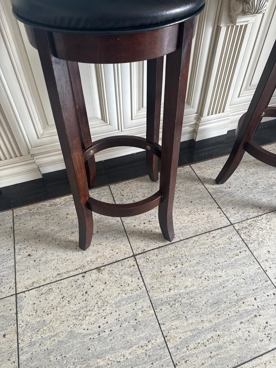 2 Dark Wood Bar Stools with Black Upholstered Seats - photo 4