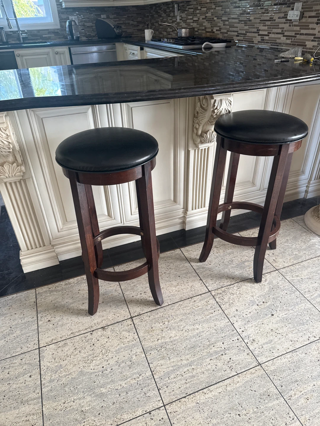 2 Dark Wood Bar Stools with Black Upholstered Seats - photo 2