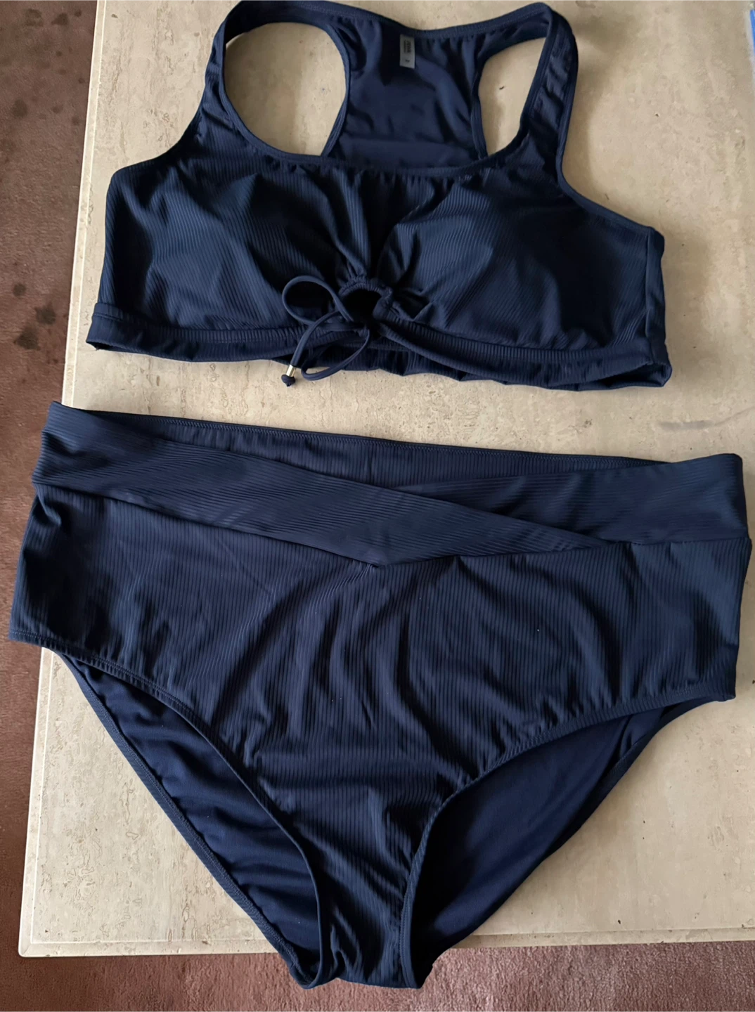 Plus Size ! Navy Blue Ribbed Bikini Set