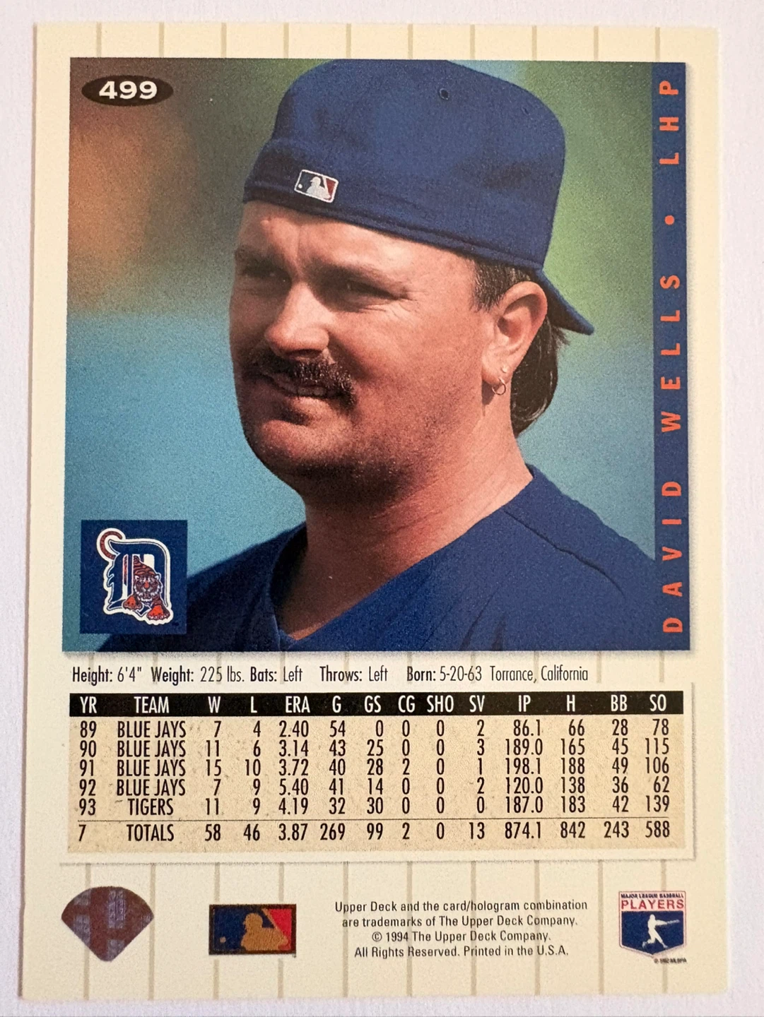1994 Upper Deck David Wells Baseball Card - photo 2