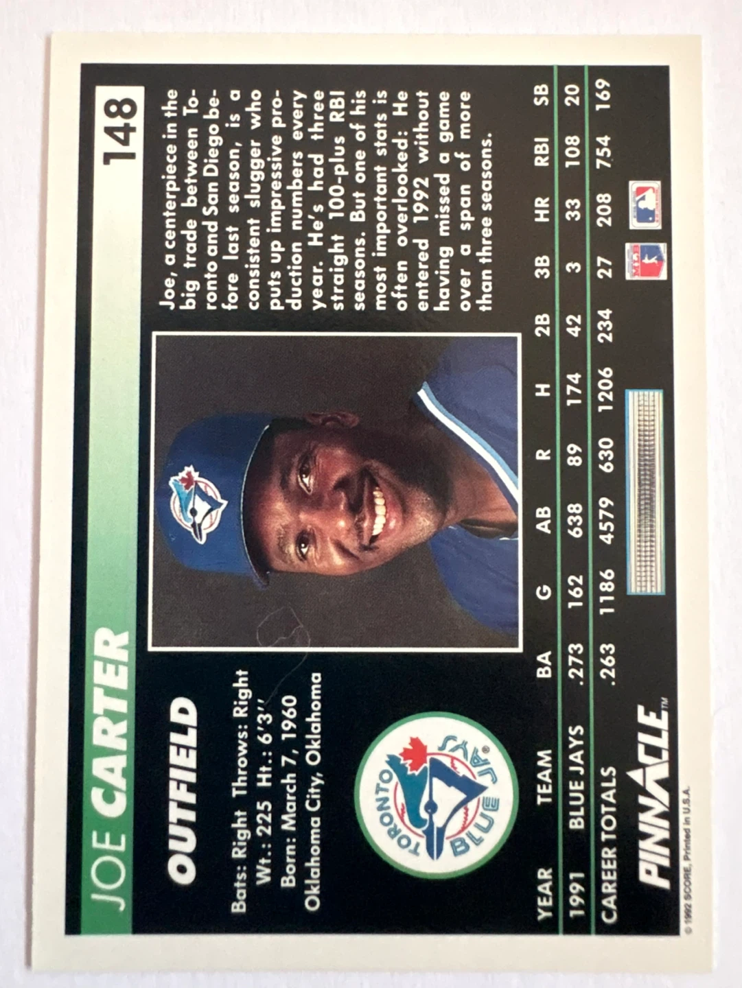 1991 Pinnacle Joe Carter Baseball Card - photo 2