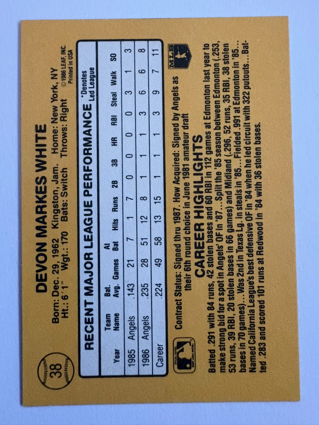 1987 Donruss Devon White Rated Rookie Baseball Card - photo 2