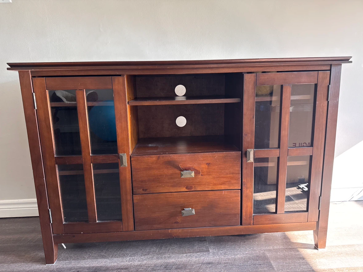 Dark Wood TV Stand with Glass Doors and Drawers