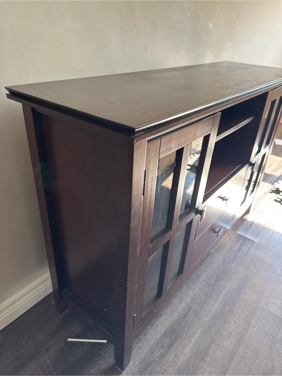 Dark Wood TV Stand with Glass Doors and Drawers - photo 3