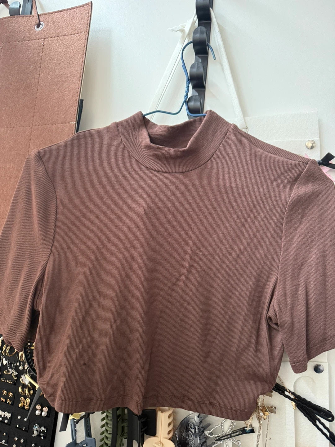Brown Ribbed Mock Neck Crop Top