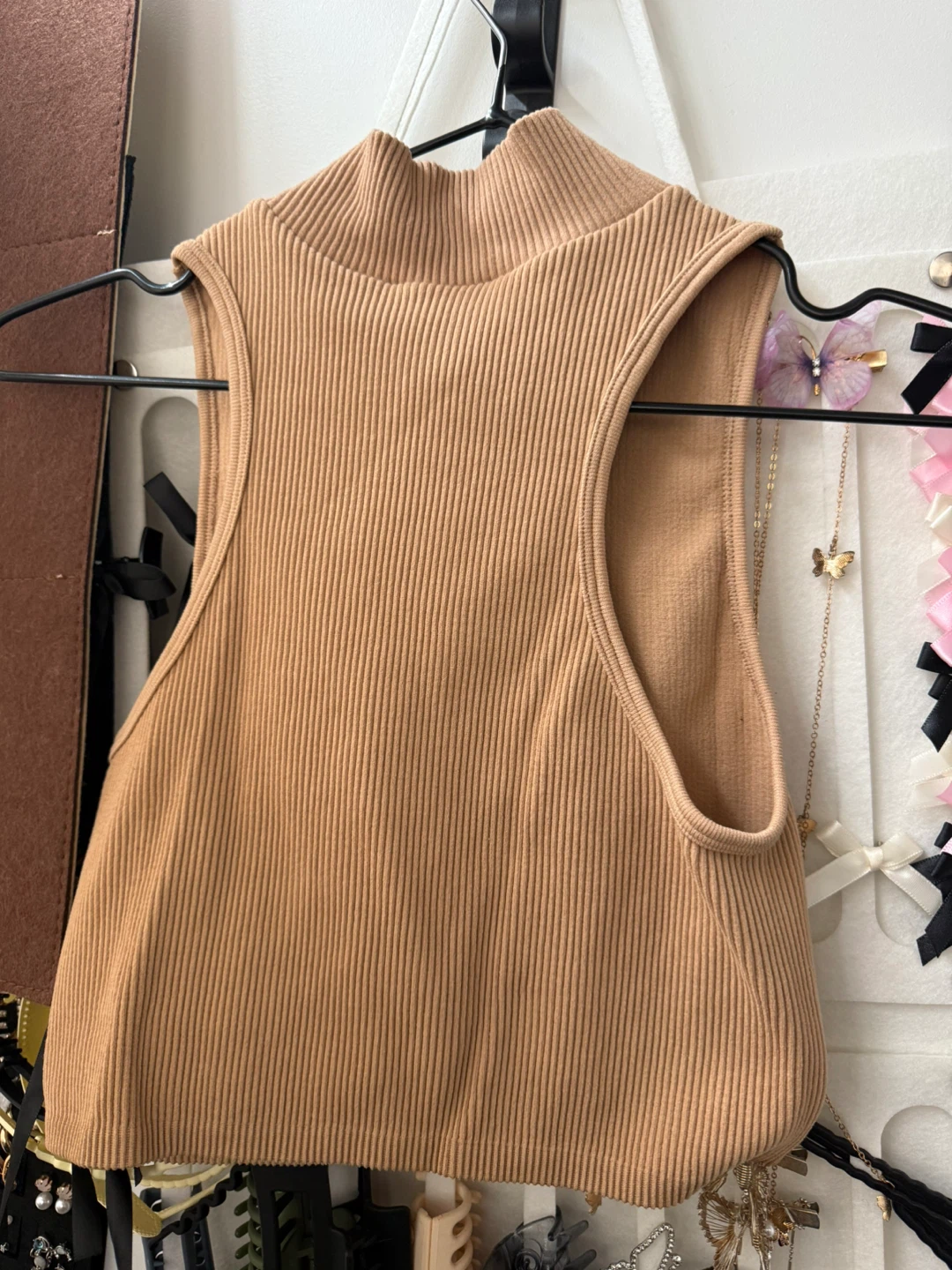 Tan Ribbed Mock Neck Sleeveless Crop Top