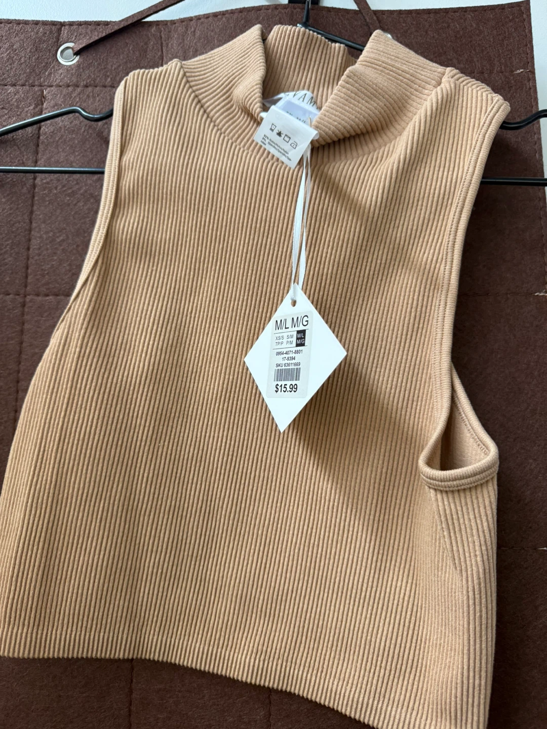 Tan Ribbed Mock Neck Sleeveless Crop Top - photo 2