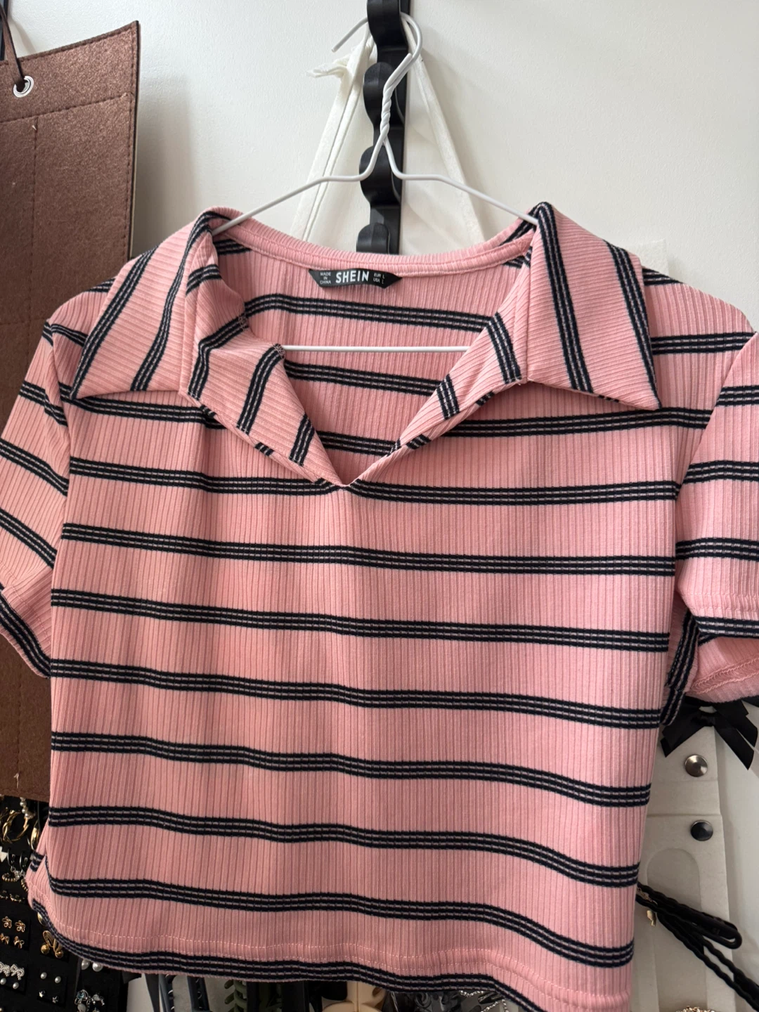 Pink Striped Collared Crop Top