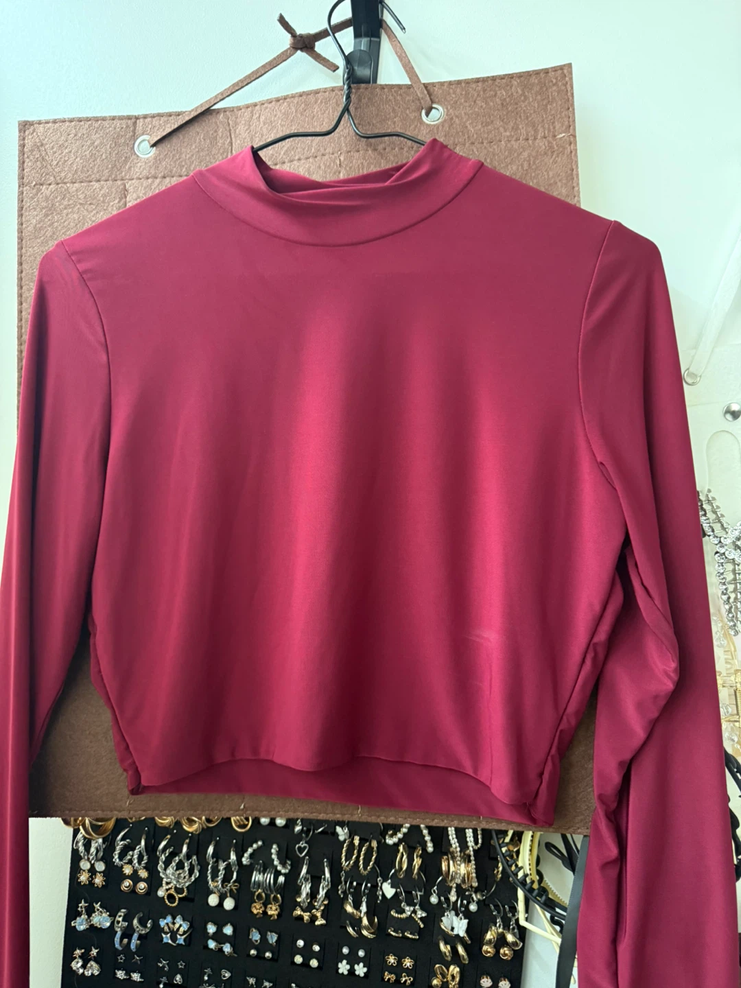 Maroon Long Sleeve Cropped Mock Neck Top