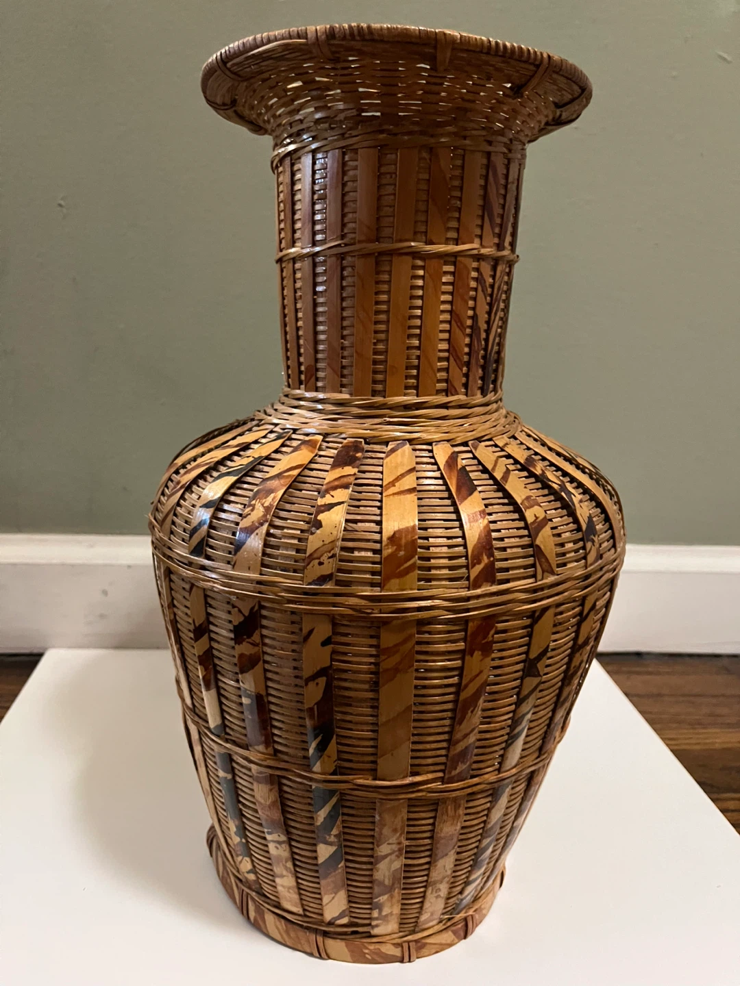 Vintage two tone handwoven rattan and wicker basket vase