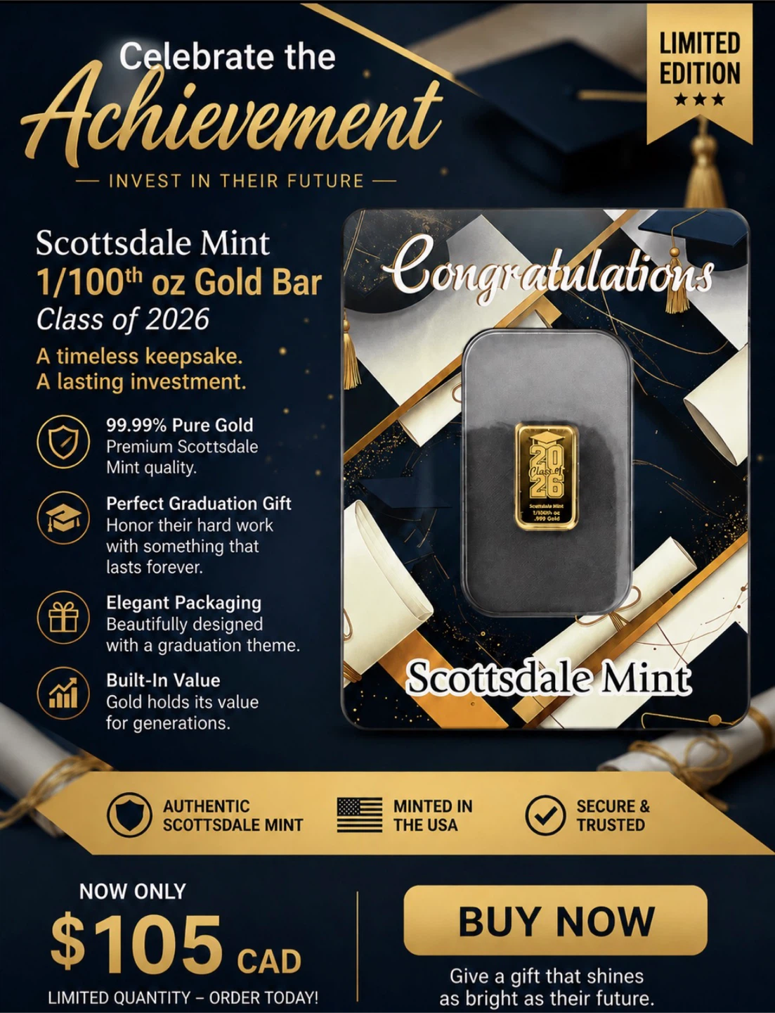 Scottsdale Mint 1/100th oz Gold Bar - Class of 2026
