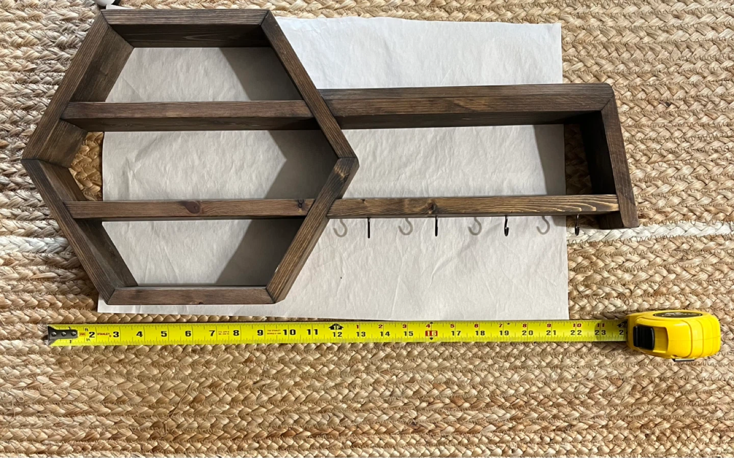Handmade hexagonal wood entryway shelf organizer with hooks - photo 3