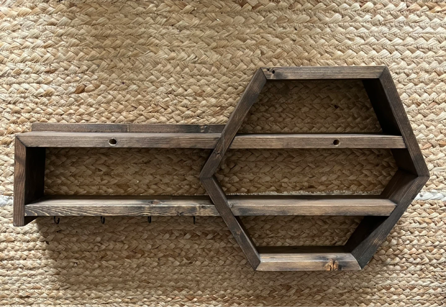 Handmade hexagonal wood entryway shelf organizer with hooks - photo 4