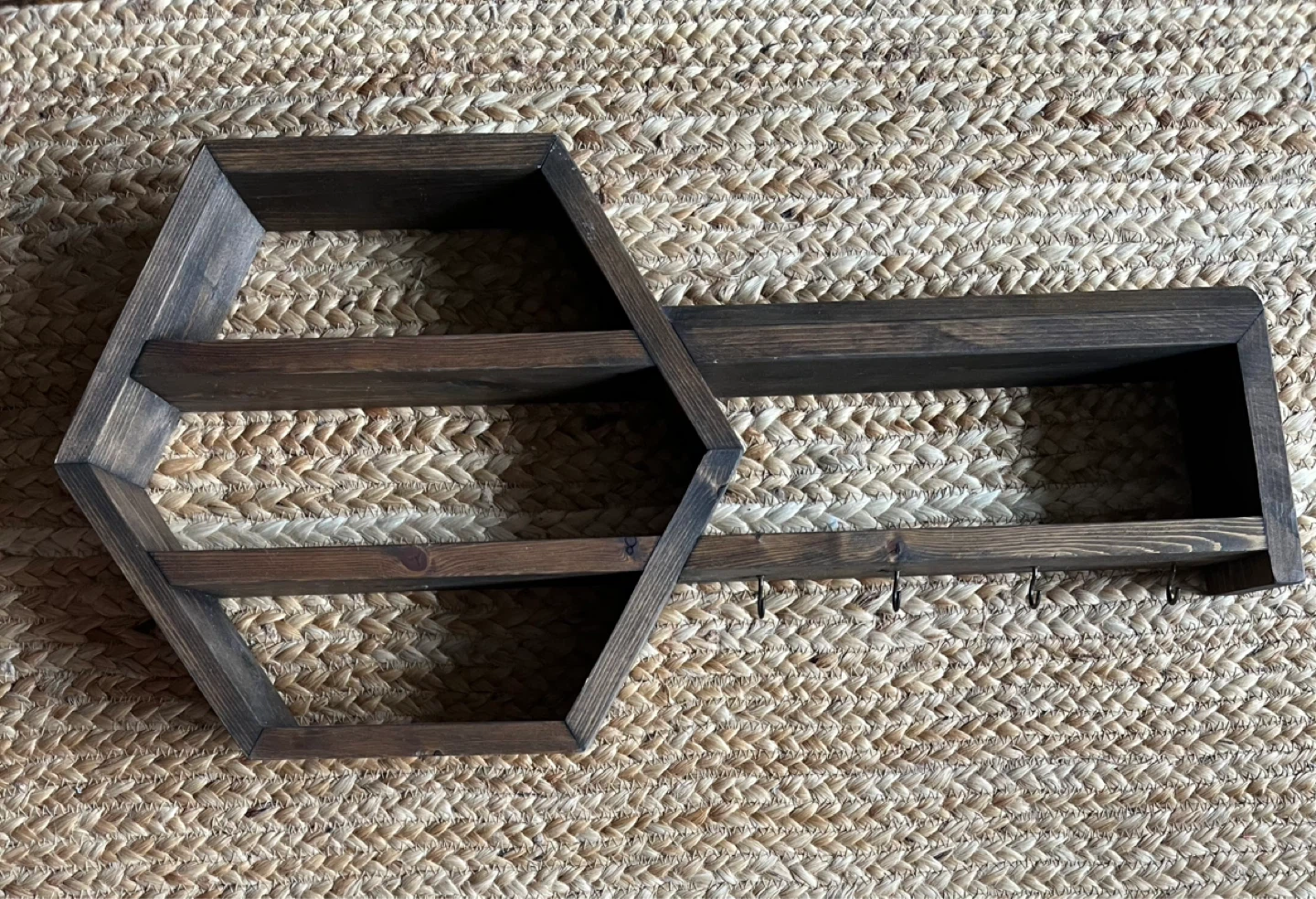 Handmade hexagonal wood entryway shelf organizer with hooks