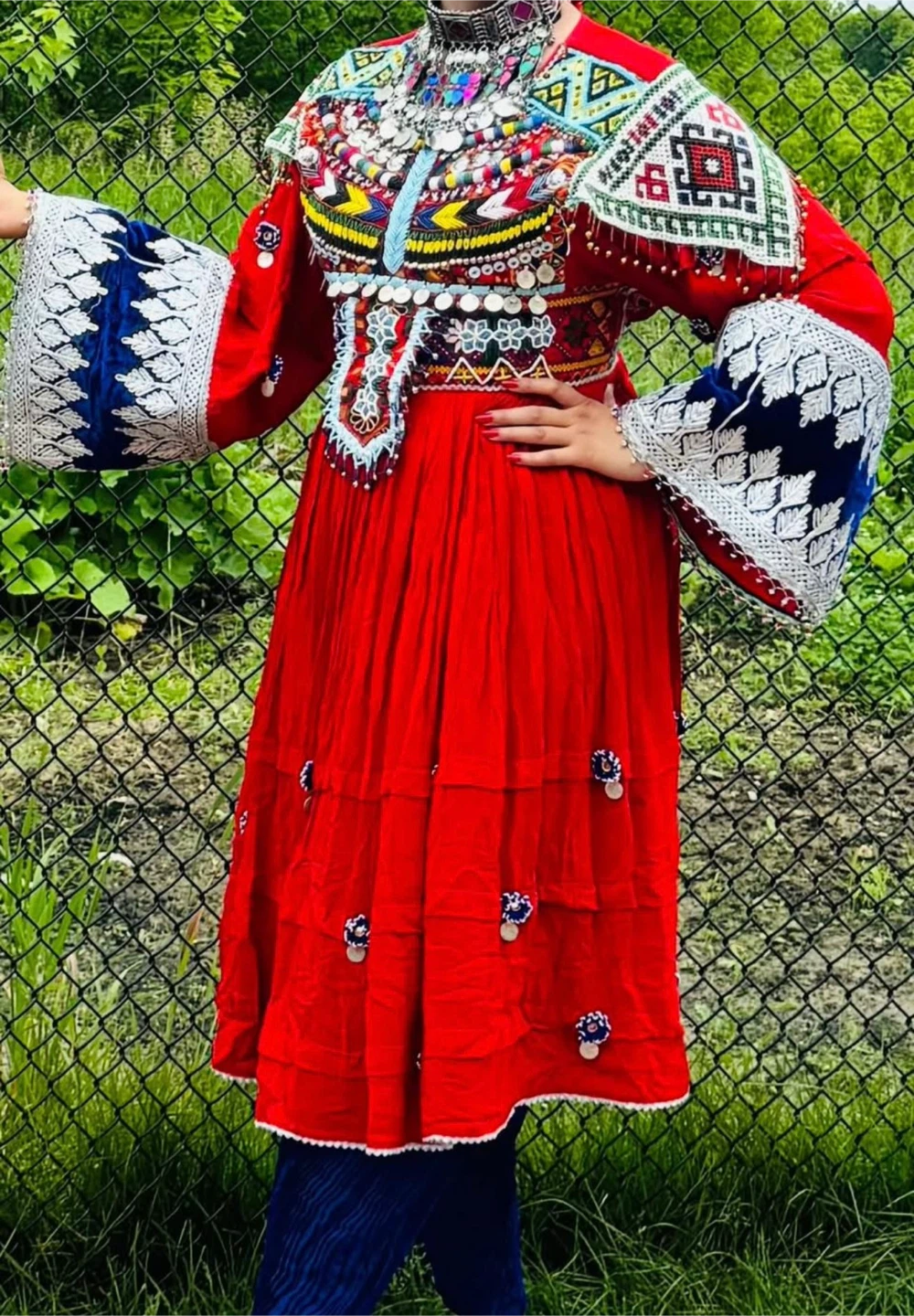 Red Embroidered Dress with Embellishments