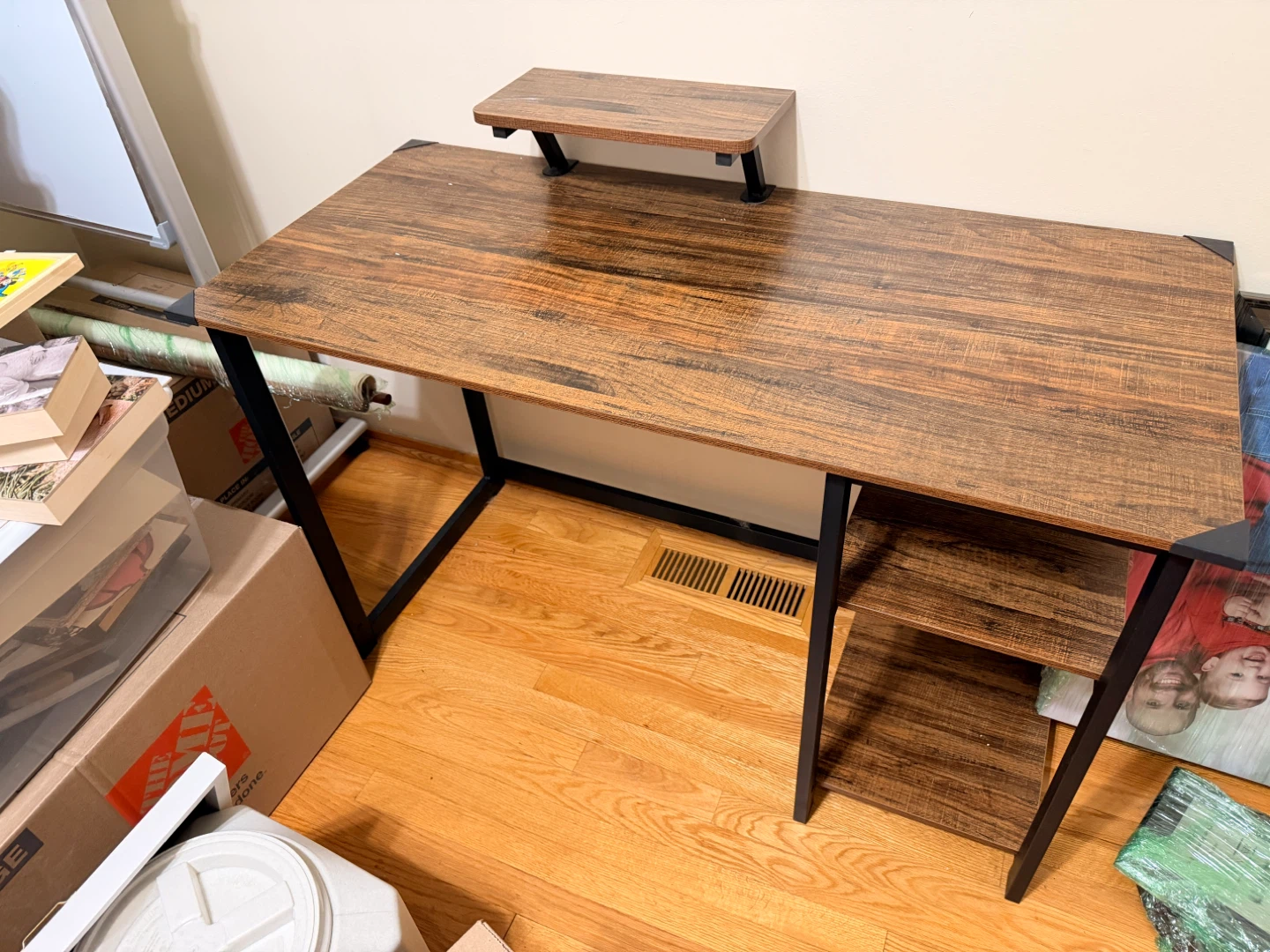 Rustic Wood Desk with Monitor Stand and Shelves