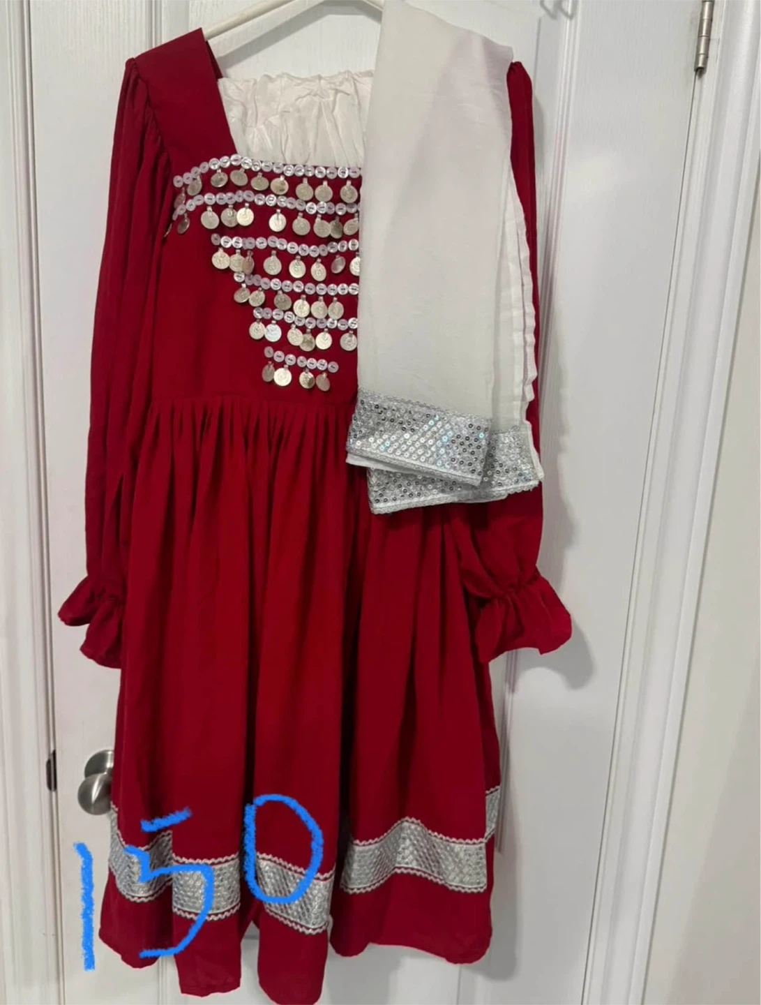 Red Afghan Dress with Pants and Scarf