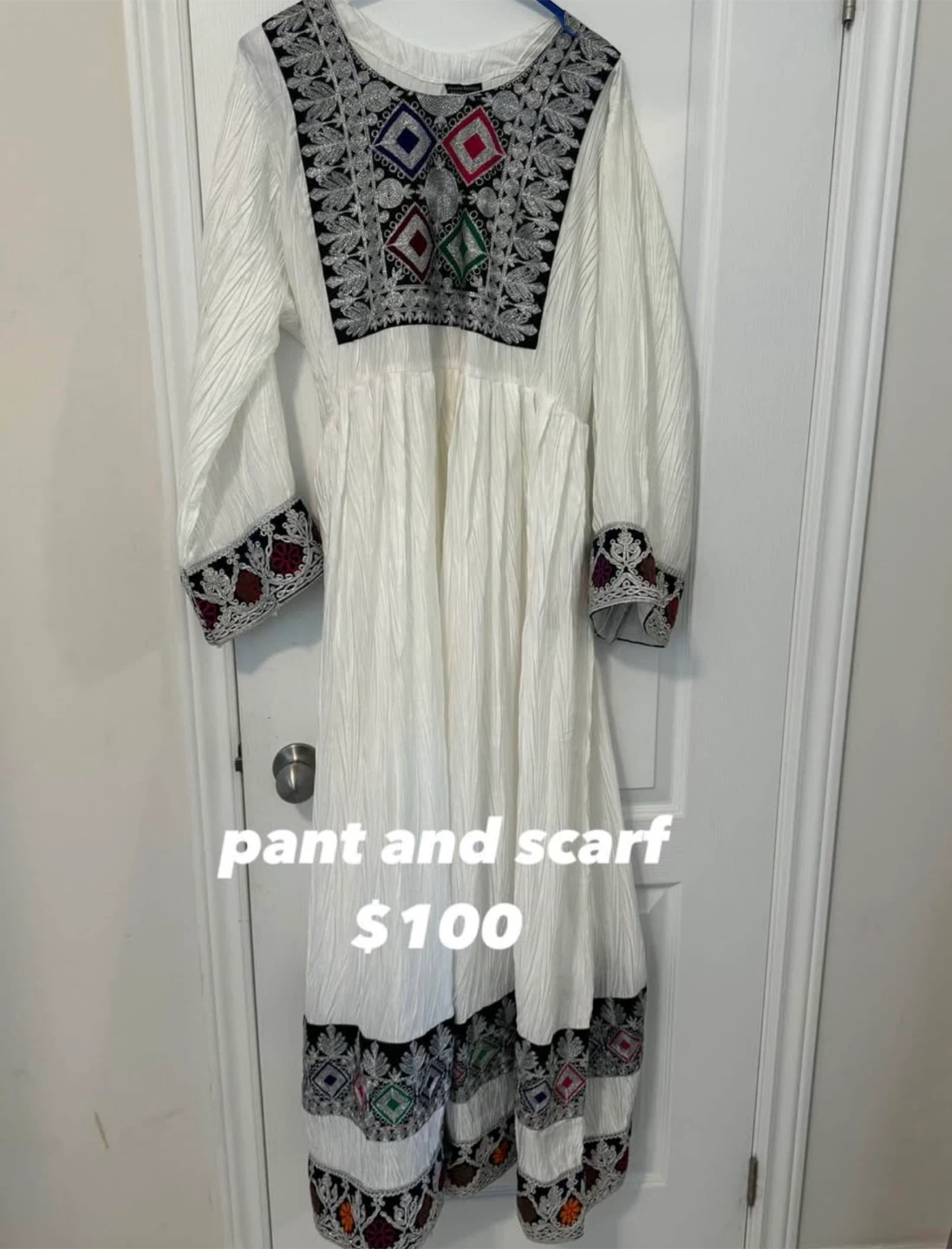 White Embroidered Dress with Pant and Scarf