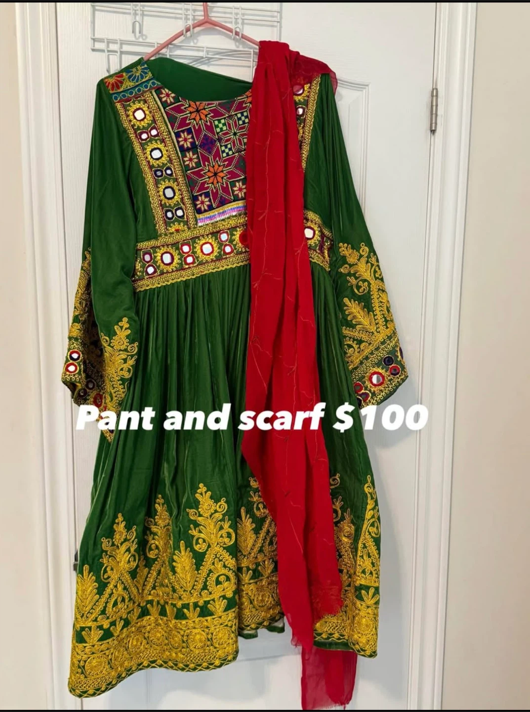 Green Velvet Dress with Embroidery and Scarf