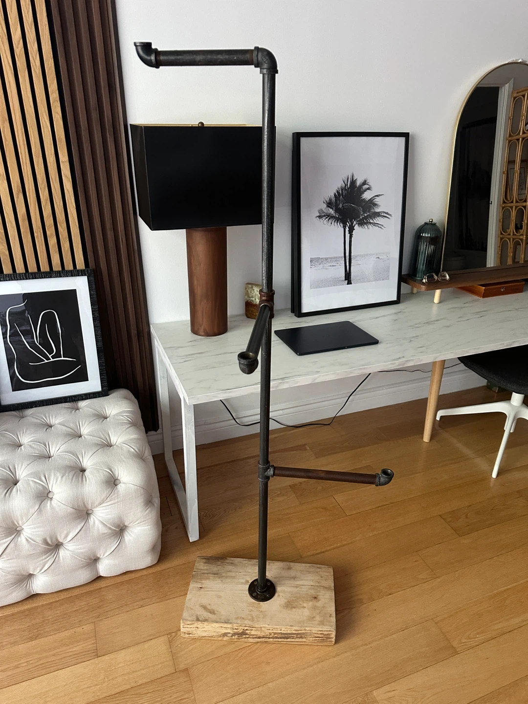 VINTAGE GARMENT RACK STEEL PIPE RECLAIMED WOOD CLOTHING STAND - photo 2