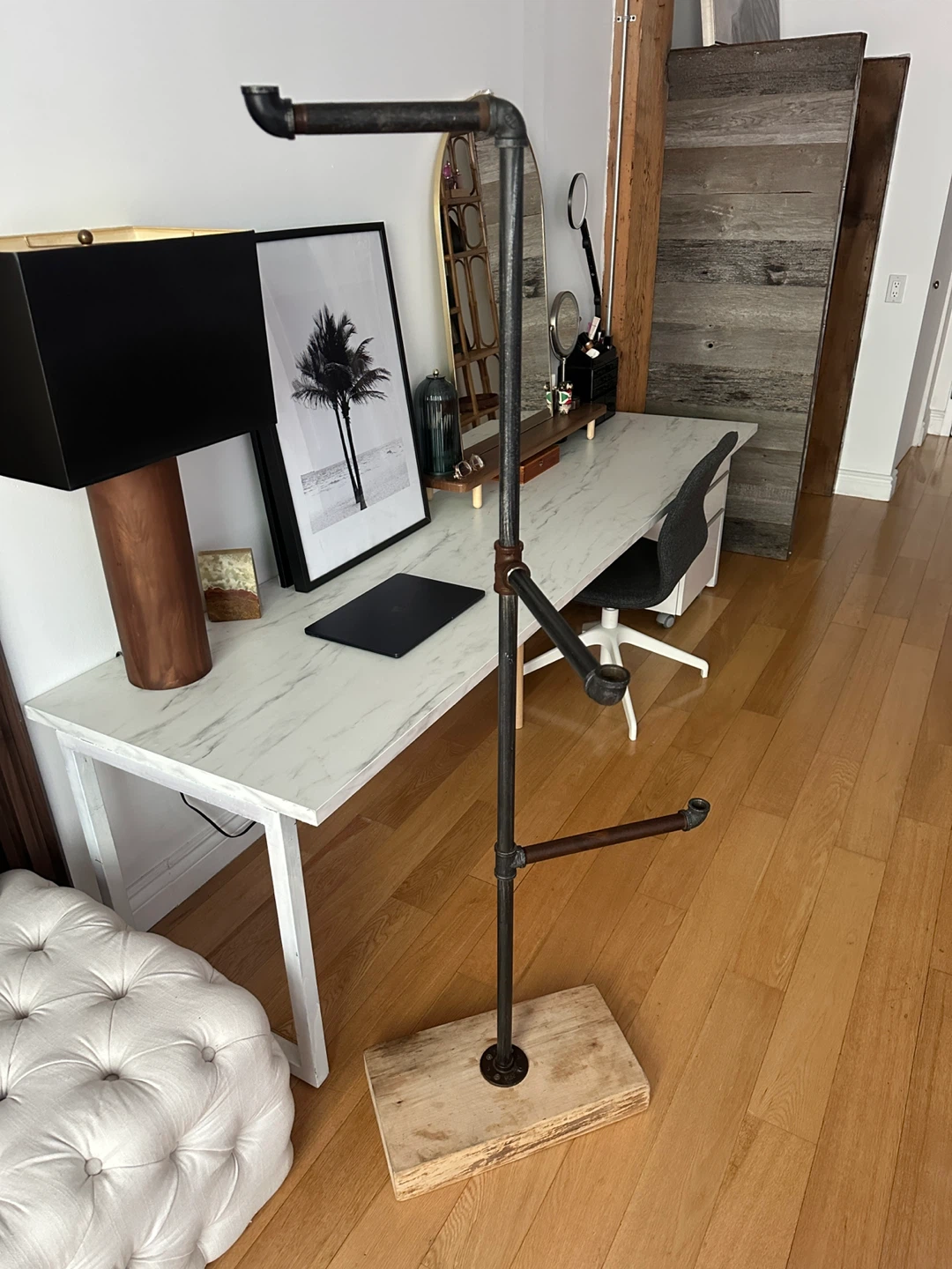 VINTAGE GARMENT RACK STEEL PIPE RECLAIMED WOOD CLOTHING STAND - photo 4
