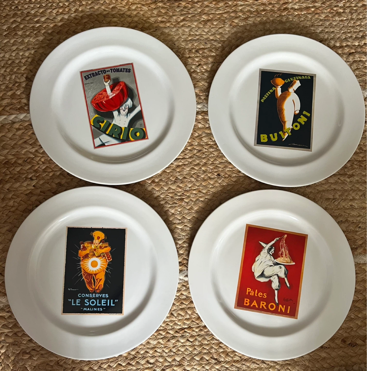 Vintage set of 4 Pottery Barn plates with vintage posters