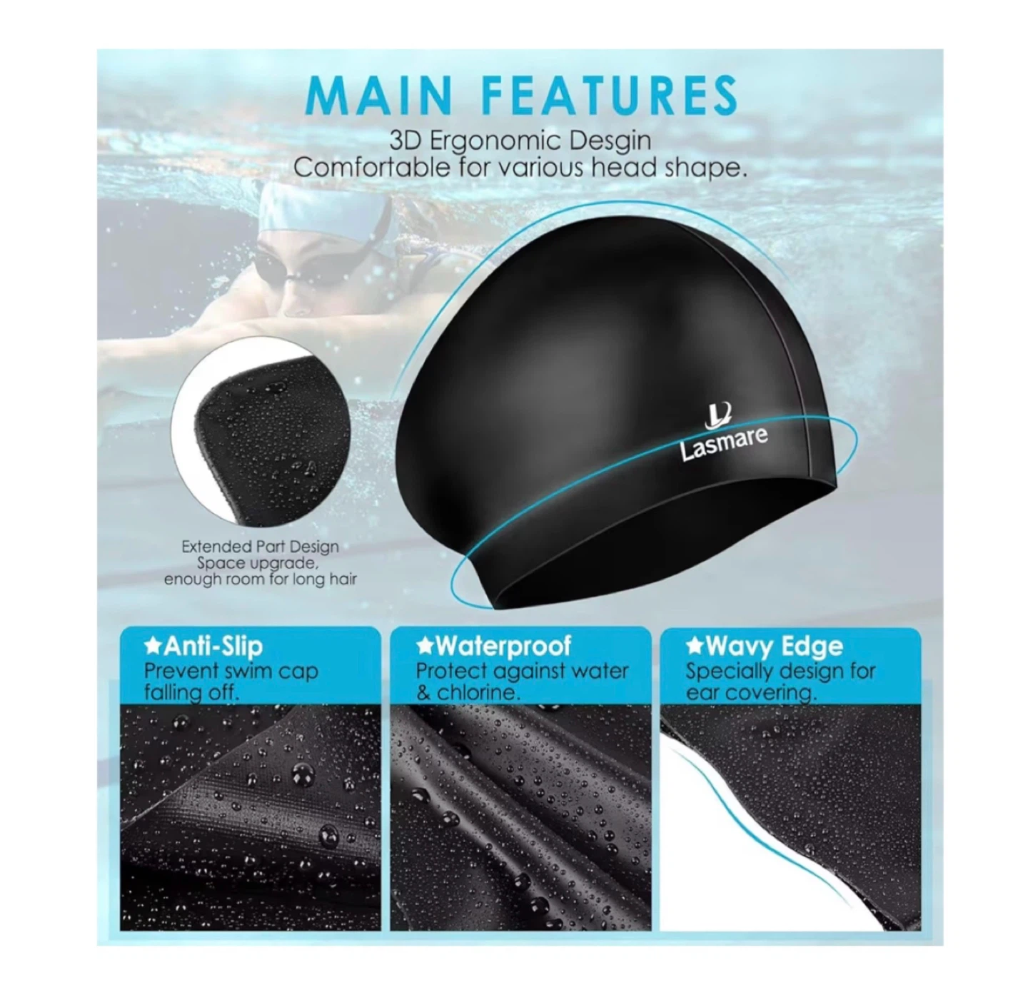 Brand new Large Long Hair Swim Cap with Extra Room - photo 4