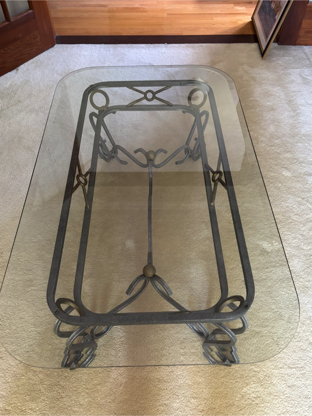 Glass Top Coffee Table with Ornate Metal Base