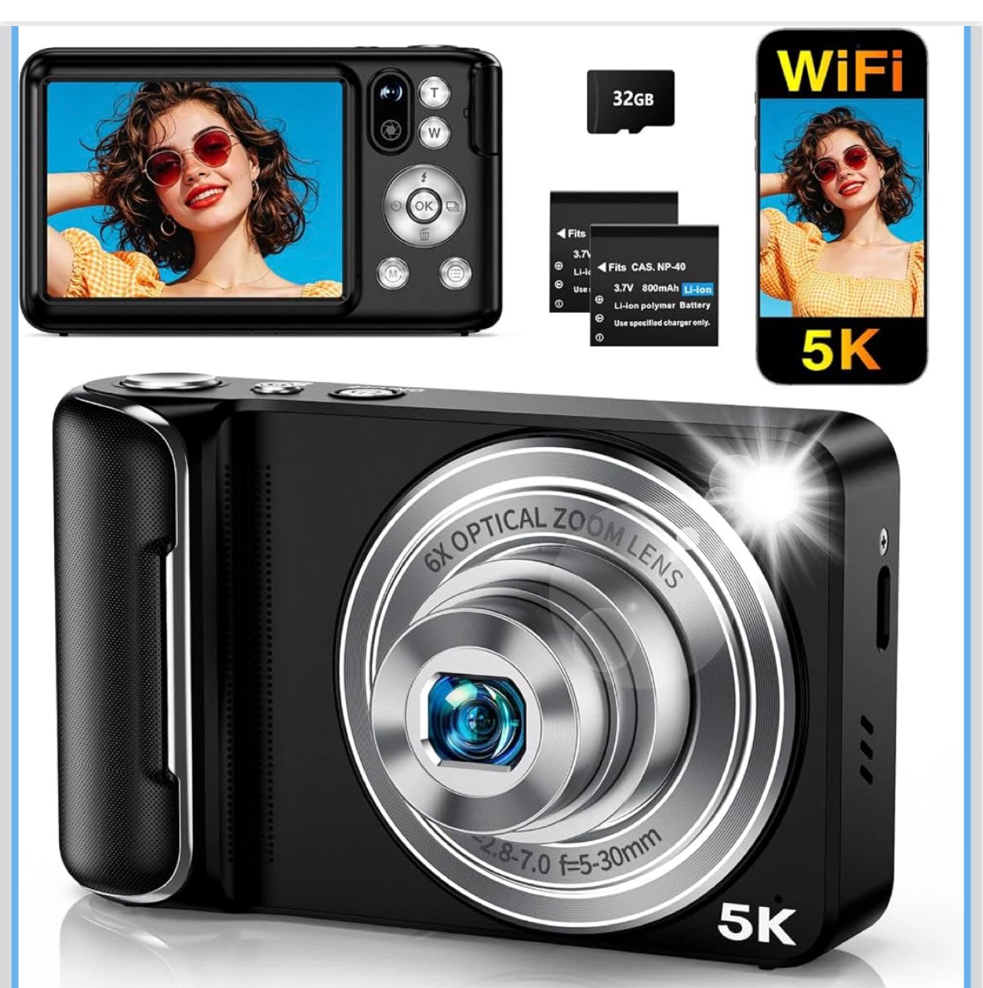 5K Digital Camera with WiFi and 6X Optical Zoom