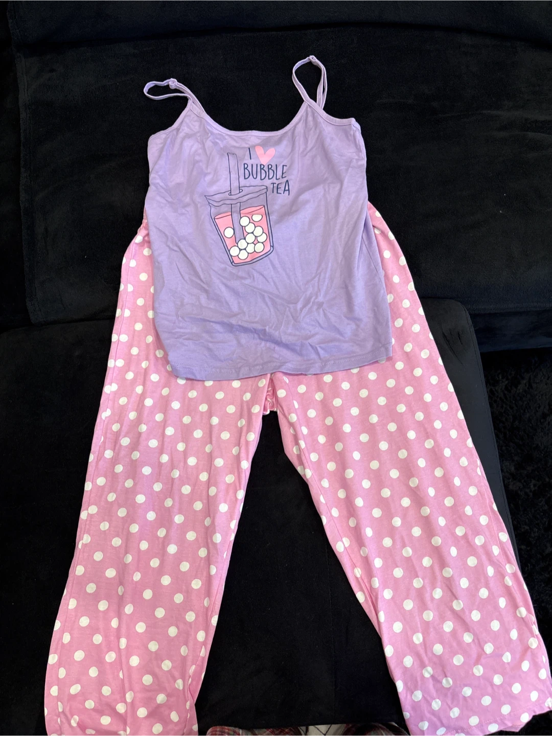 Purple Bubble Tea Tank Top & Pink Polka Dot Pajama Pants Set