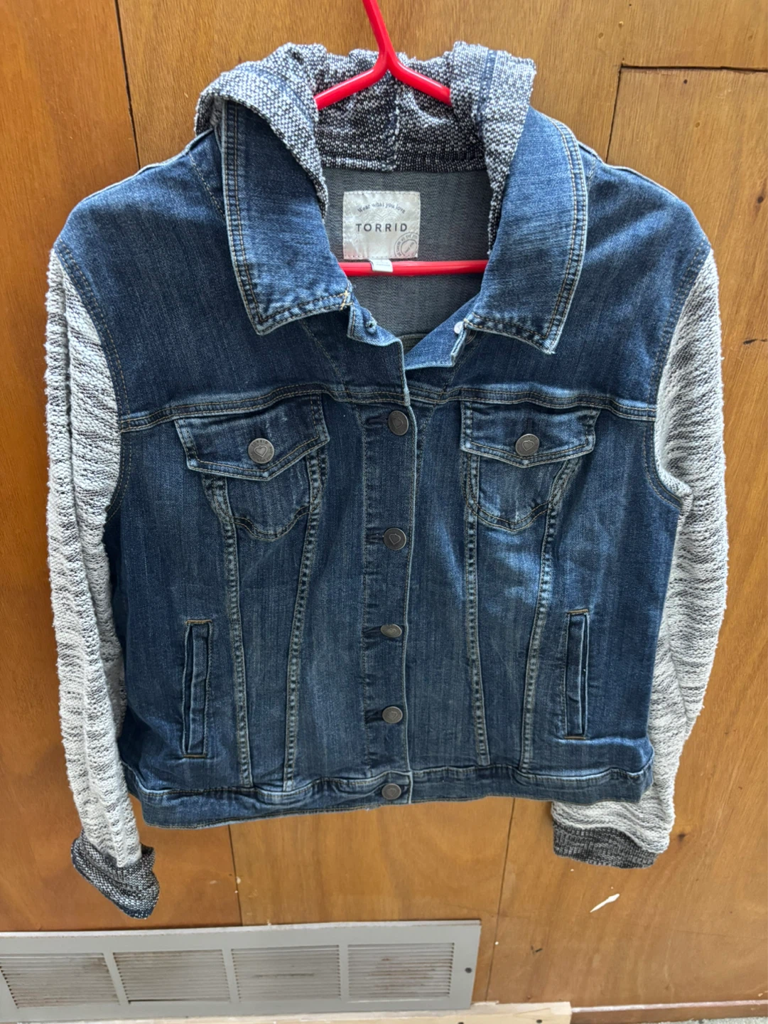 Torrid Denim Jacket with Hooded Knit Sleeves