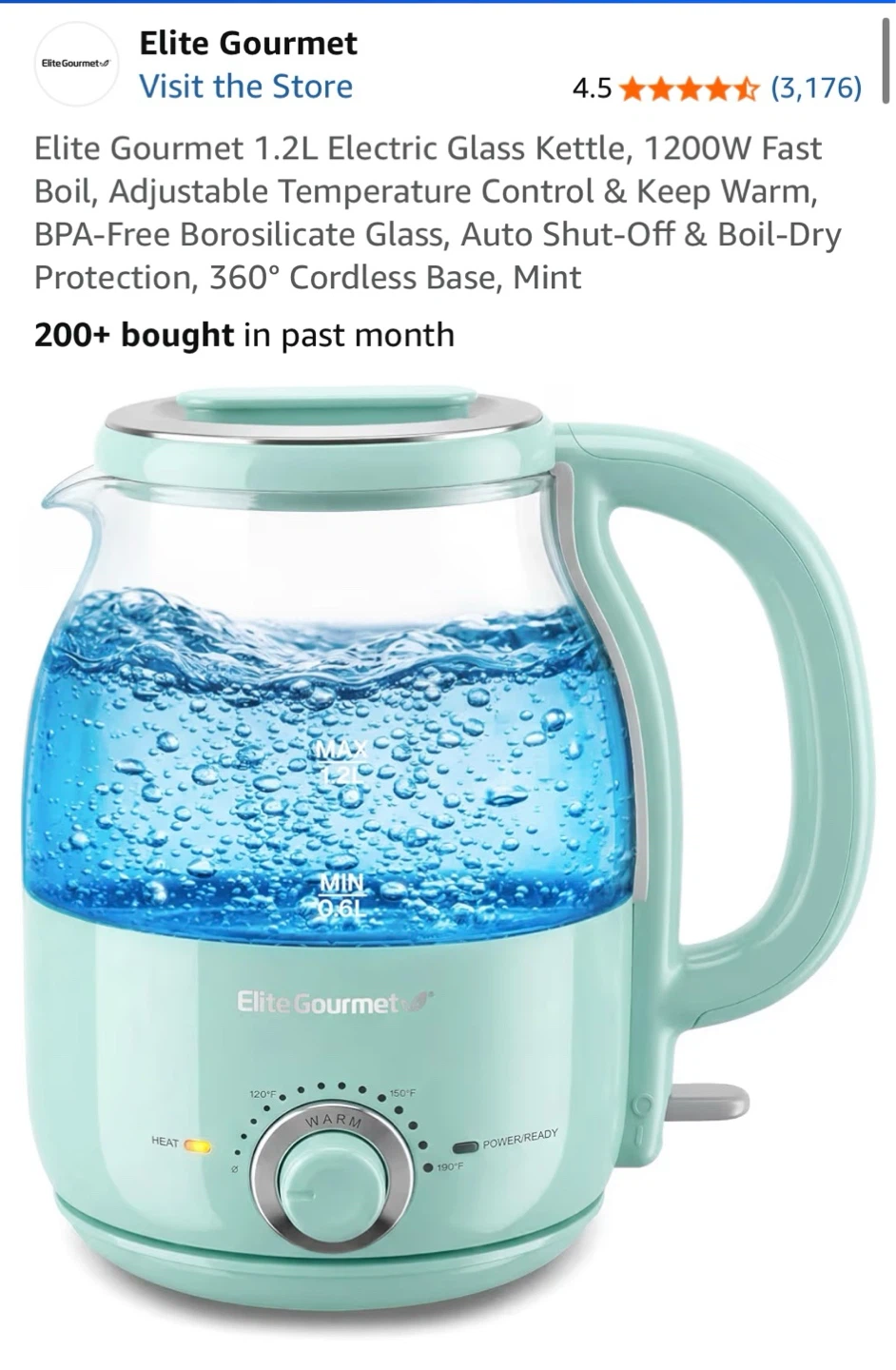 Elite Gourmet Electric Glass Kettle 1.3 Quarts Mint - photo 2