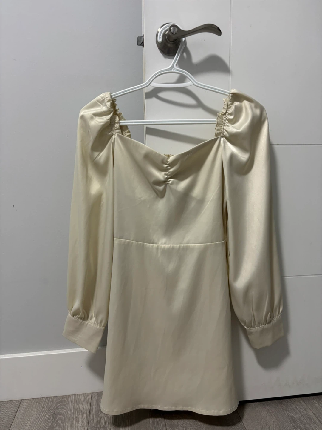 Cream Satin Long Sleeve Dress