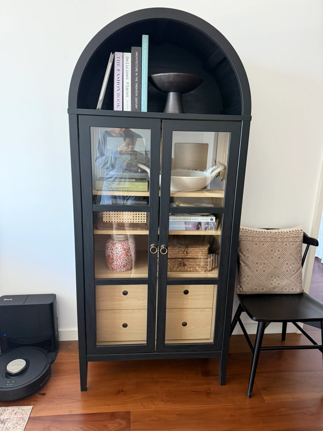 Black Arch Display Cabinet with Glass Doors and Drawers
