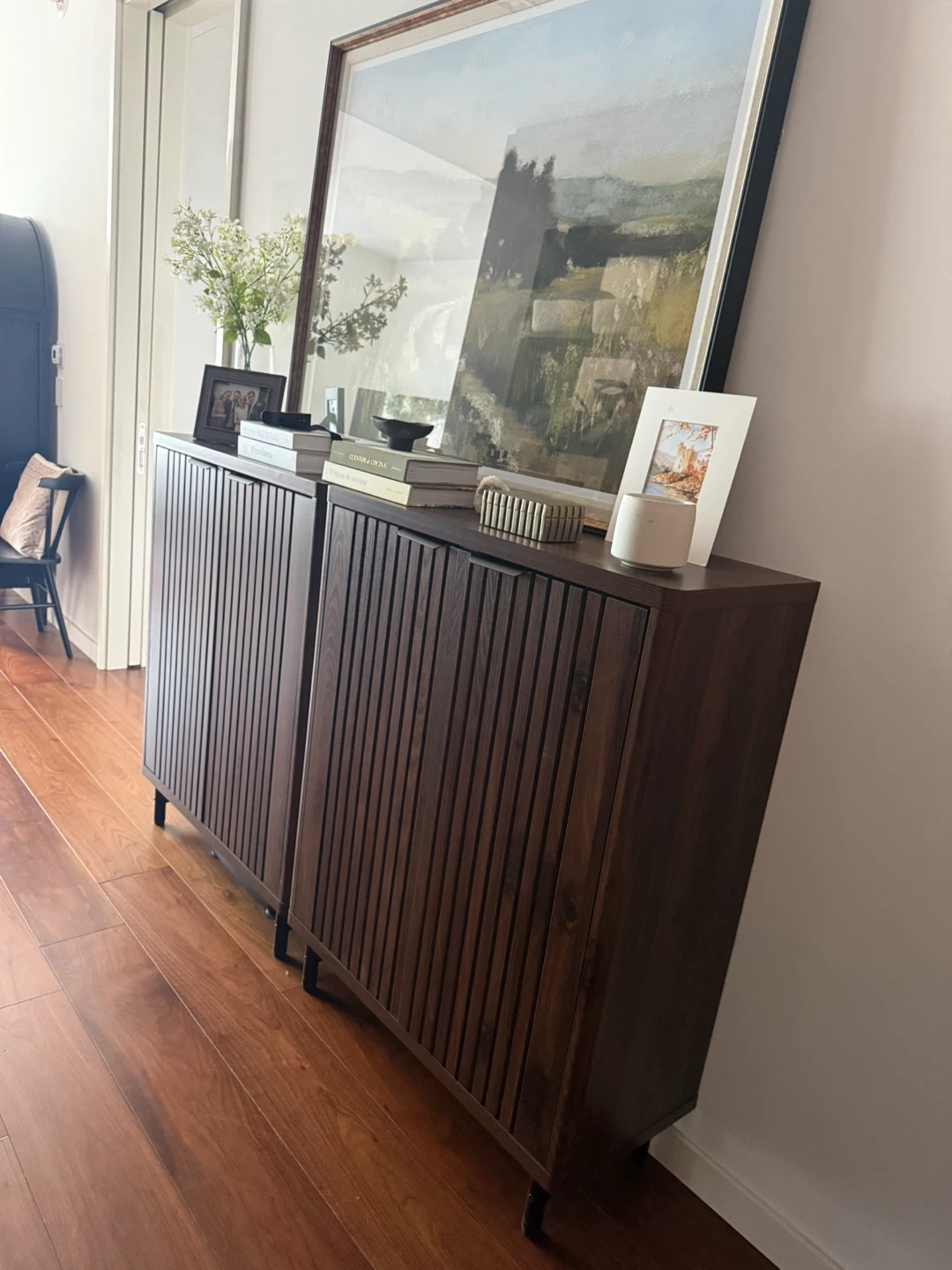 Dark Wood Shoe Cabinet with Slatted Doors