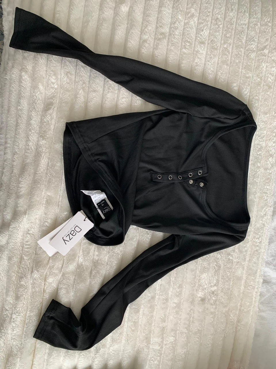 Dazy Black Ribbed Long Sleeve Button Up Top - Size S