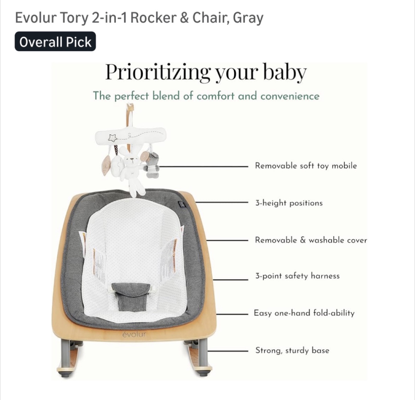 Evolur Tory 2-in-1 Baby Bouncer Rocker Chair - Gray - photo 4
