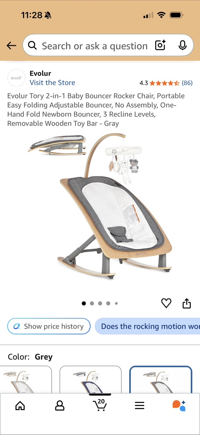 Evolur Tory 2-in-1 Baby Bouncer Rocker Chair - Gray