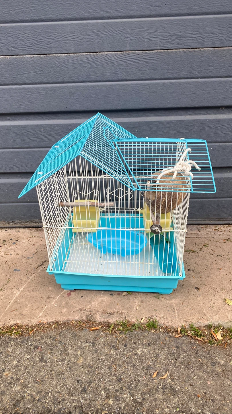 Blue and White Bird Cage with Accessories