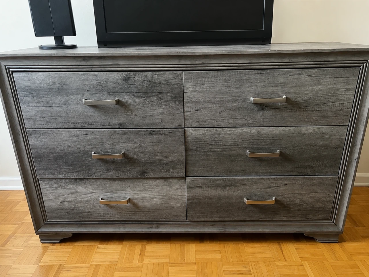 Moving Sale - Grey Wood Grain Dresser and (2) Nightstand Set