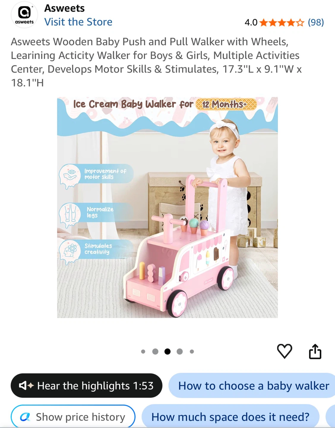 ASWEETS Wooden Ice Cream Truck Baby Walker