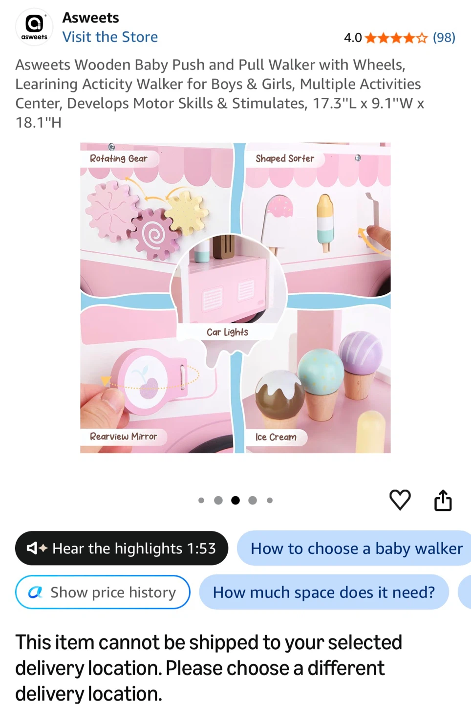 ASWEETS Wooden Ice Cream Truck Baby Walker - photo 2