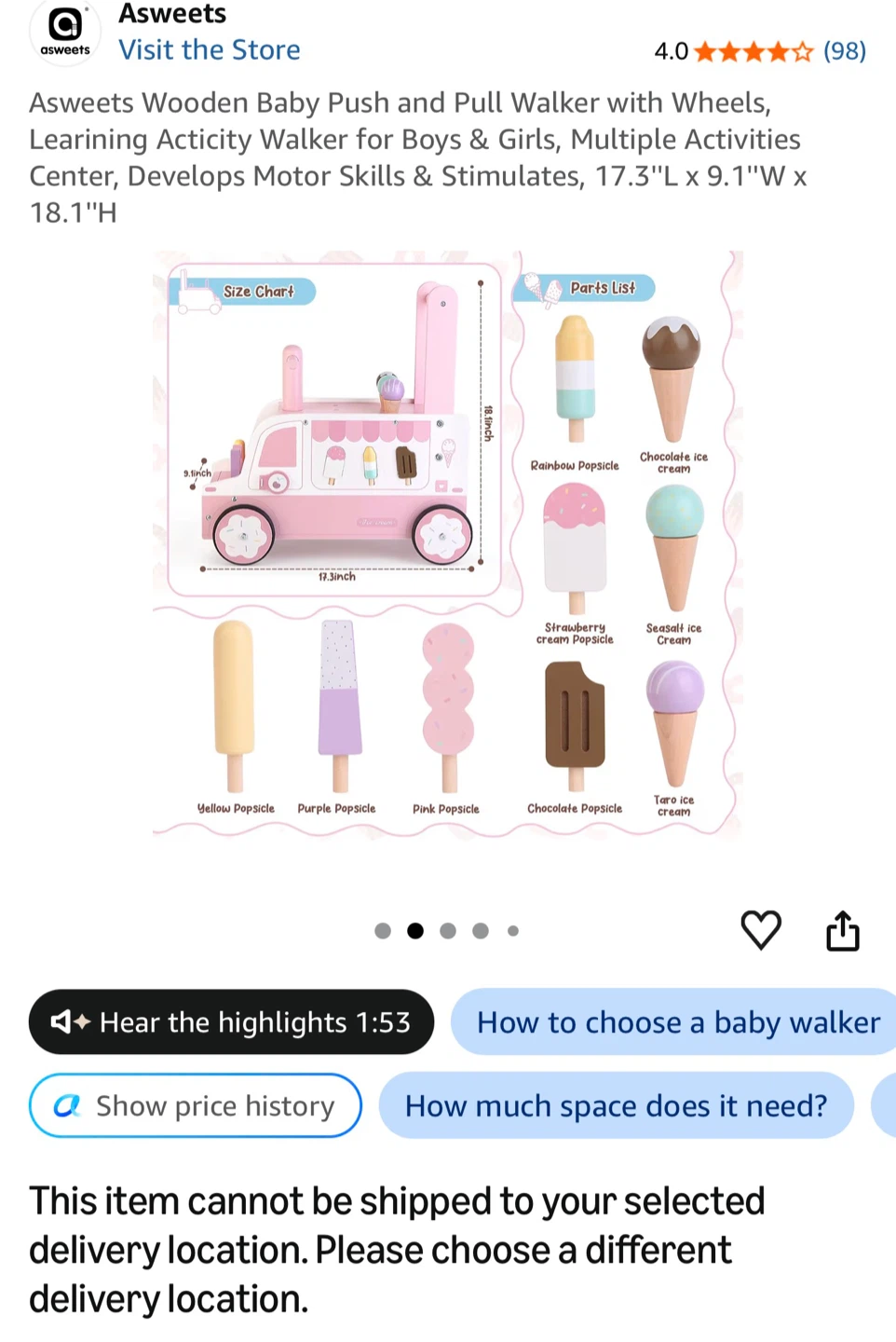 ASWEETS Wooden Ice Cream Truck Baby Walker - photo 3