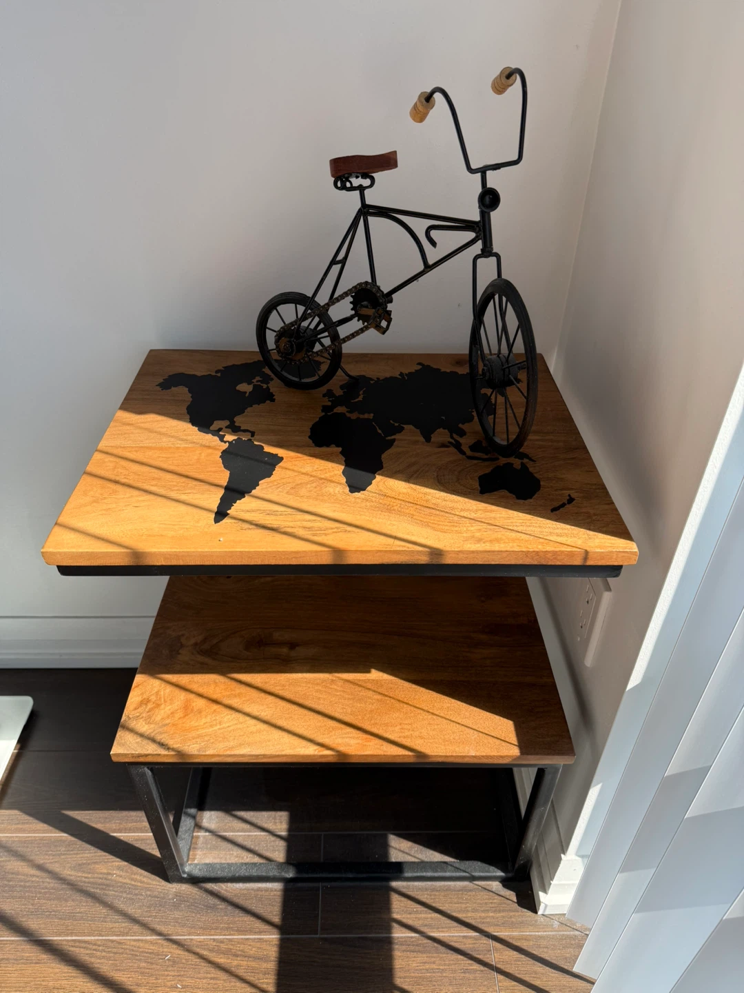 Wooden Side Table with World Map Design