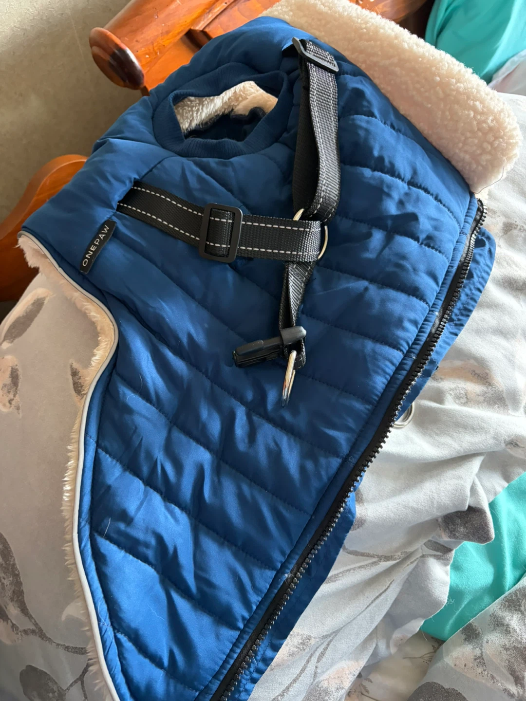 Blue Puffer Dog Winter Coat with Harness Opening