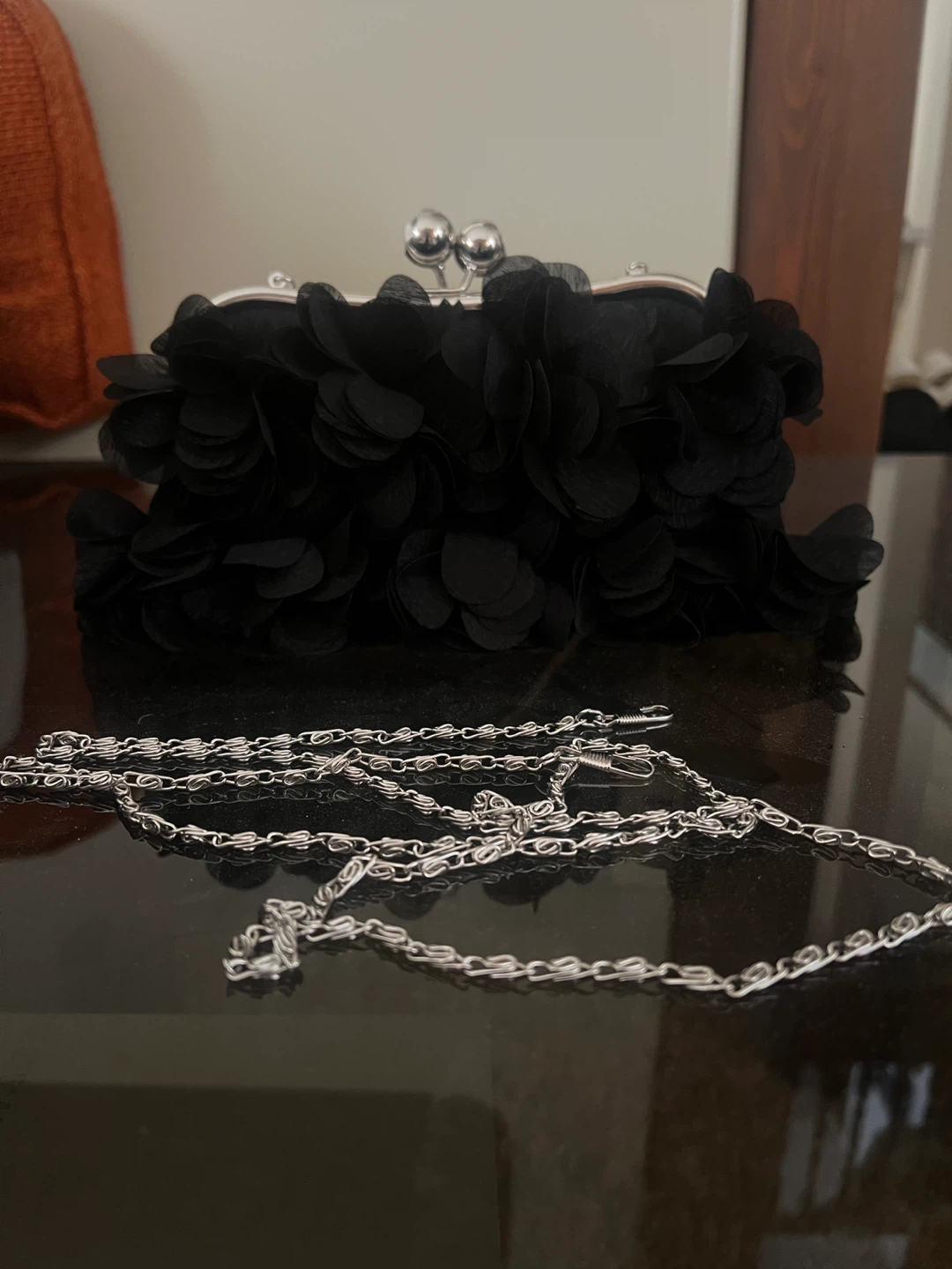 Black Evening Clutch with Flower Applique